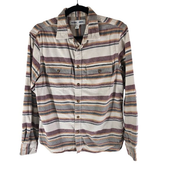 Old Navy Mens Flannel Shirt Regular Fit Built in Flex Cotton Striped White Red M - Picture 1 of 4